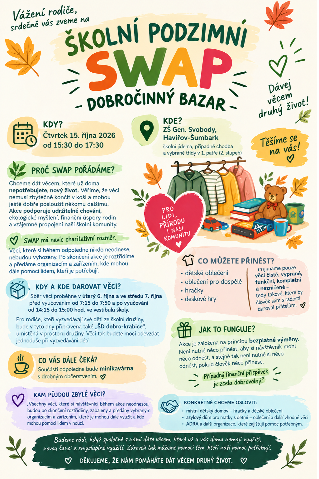 Co můžete přinést. SWAP – dobročinný bazárek!